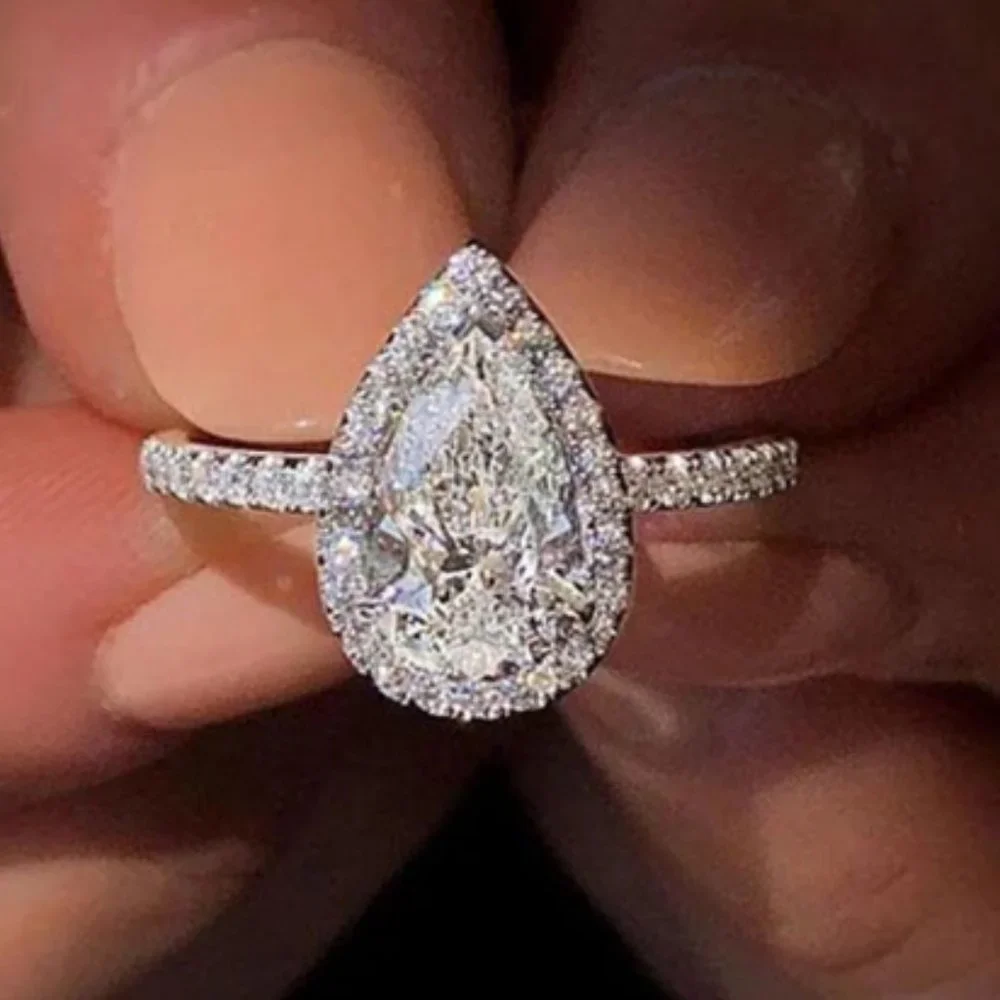 Elegant Water Drop Bright Zircon Thin Pear Wedding Ring for Women, PD510
